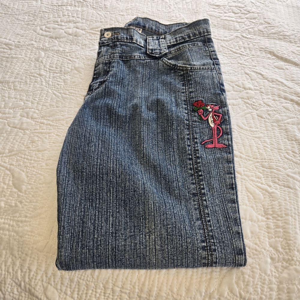 Vintage Y2K Women's Denim‎ Jeans Embroidered Pink Panther Stretch Size 36 Hemmed